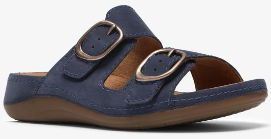 Navy blue sandal slide with two straps and gold colored buckles.