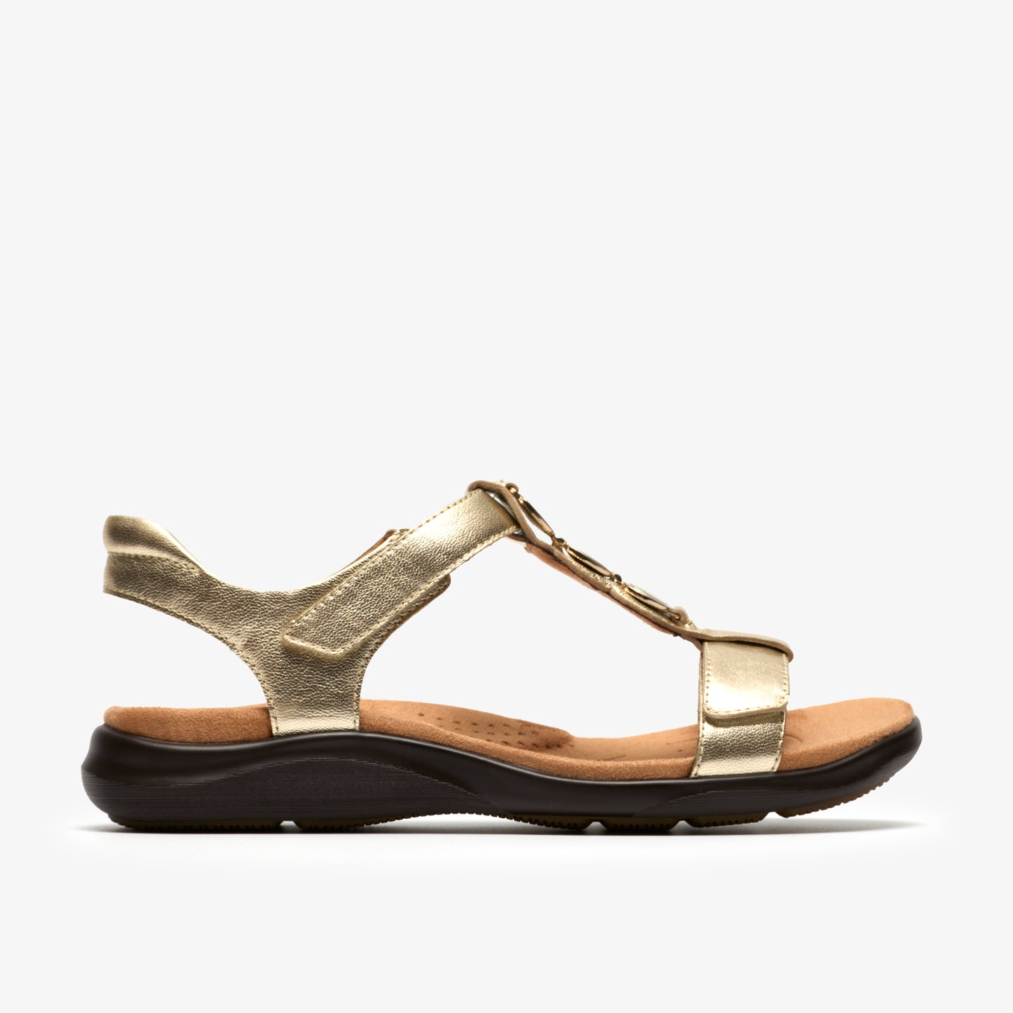 Gold sandal with straps and buckle closure.