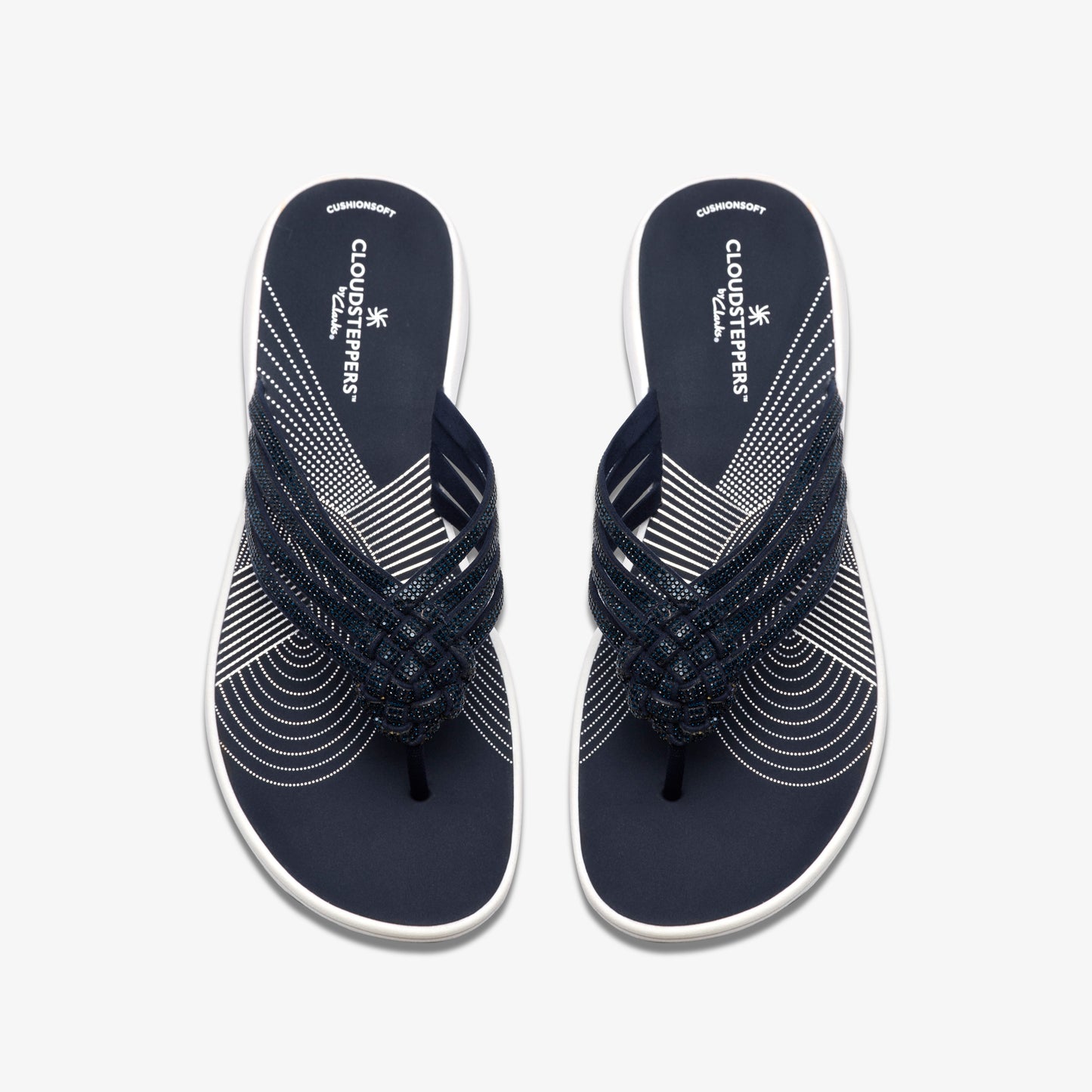 Overhead view of dark blue Cloudsteppers flip-flops with woven beaded straps.