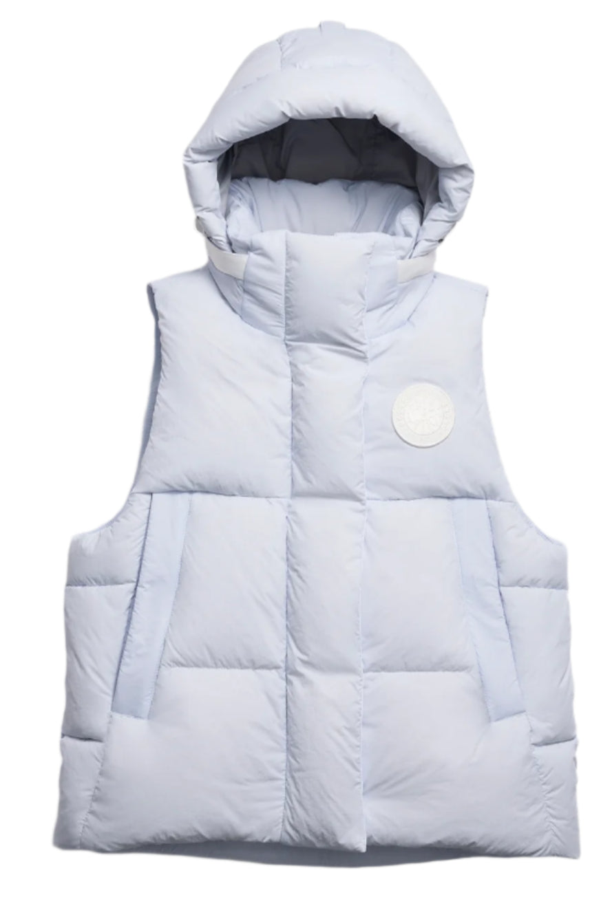 Padded hooded vest in light blue.
