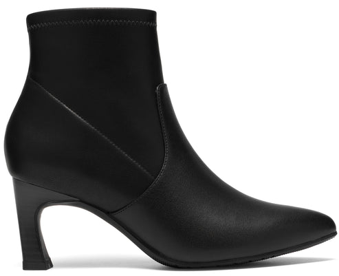 A black ankle boot with a pointed toe and a flared, kitten-style heel, featuring a mix of matte leather-like material on the lower section and a stretchy fabric-like material on the upper collar.