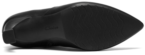 A close-up view of the sole of a black, pointed-toe high heel shoe, showing the textured rubber grip and the Clarks logo embossed in the arch.