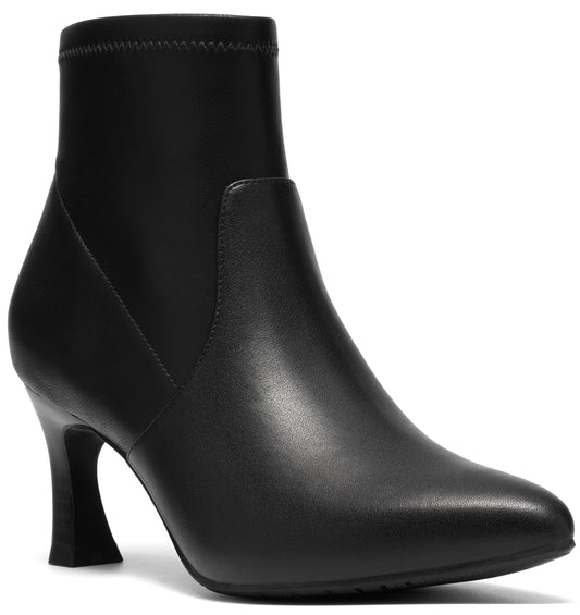 A black ankle boot with a pointed toe and a flared mid-height heel, featuring a smooth faux leather finish and a slightly elasticated sock-like ankle shaft.
