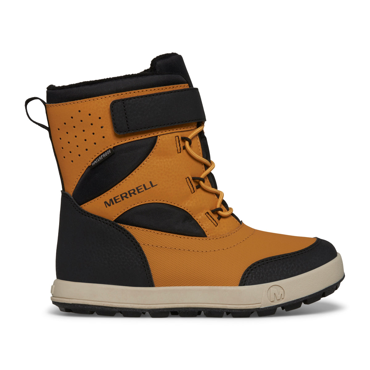 Tan and black winter boot with laces and velcro strap.