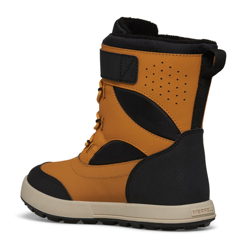 A caramel and black snow boot with faux fur lining, laces, velcro strap, and pull tab.