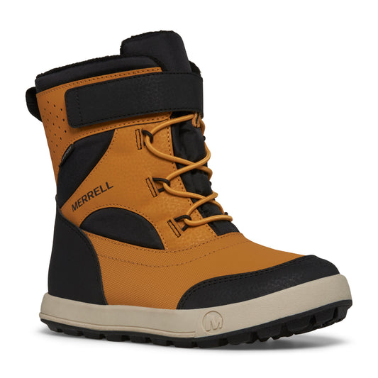 High-top brown and black boot with Velcro strap and laces.