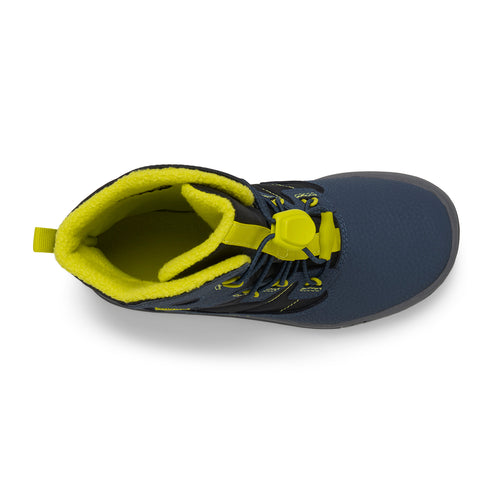 Top-down view of a navy blue children's boot with yellow inner lining and an adjustable bungee cord closure.