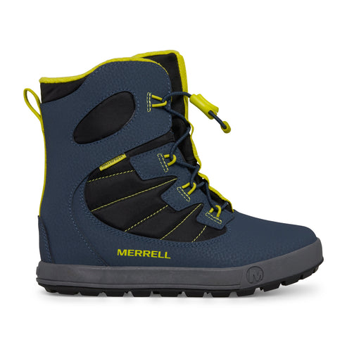 Blue tall boots with black accents and yellow laces and trim.
