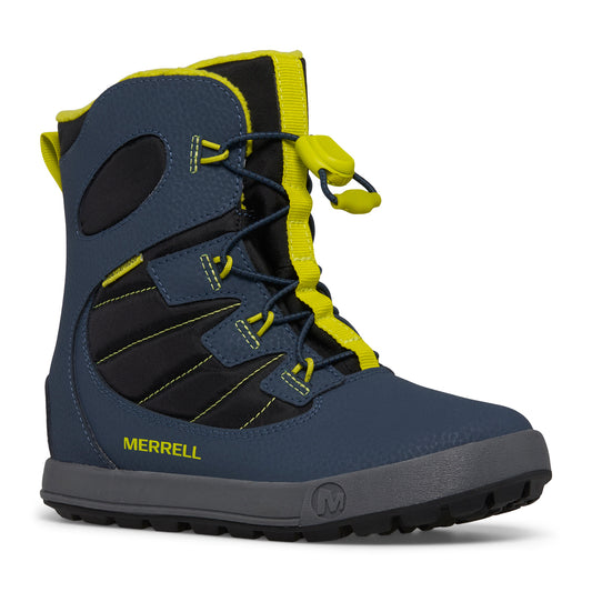 Blue winter boot with yellow laces and "MERRELL" in yellow lettering.