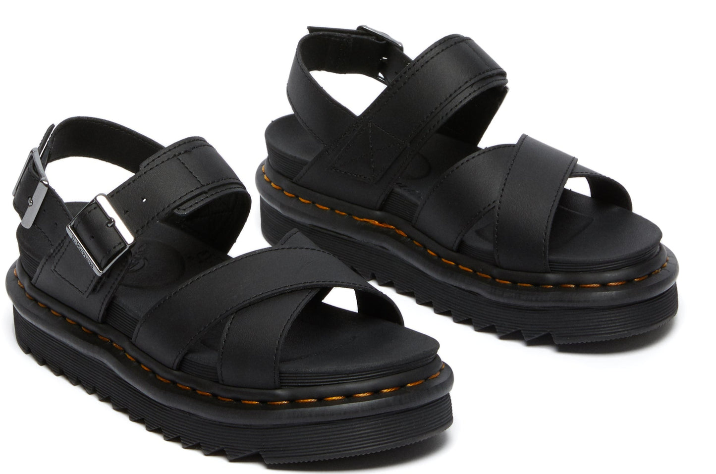 Pair of black platform sandals with adjustable straps and silver buckles.