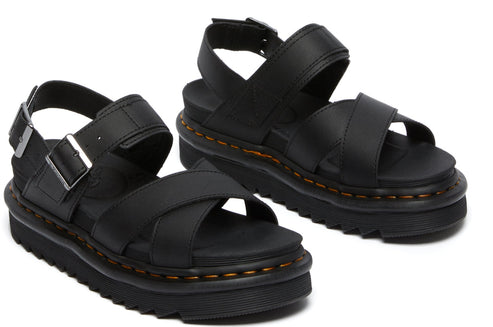 Pair of black platform sandals with adjustable straps and silver buckles.