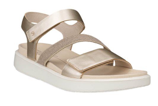 Gold sandal with three straps, white sole.