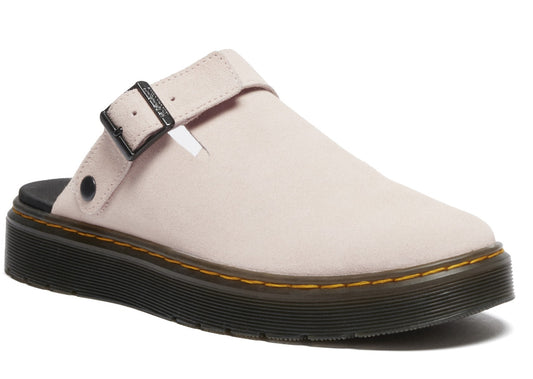 Pale pink leather clog with black lug sole and buckle strap.