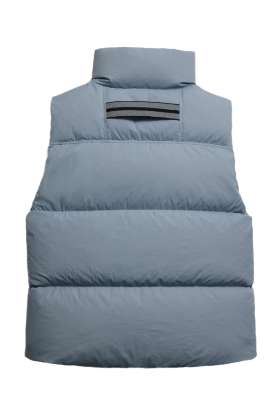 light blue padded vest with a high collar