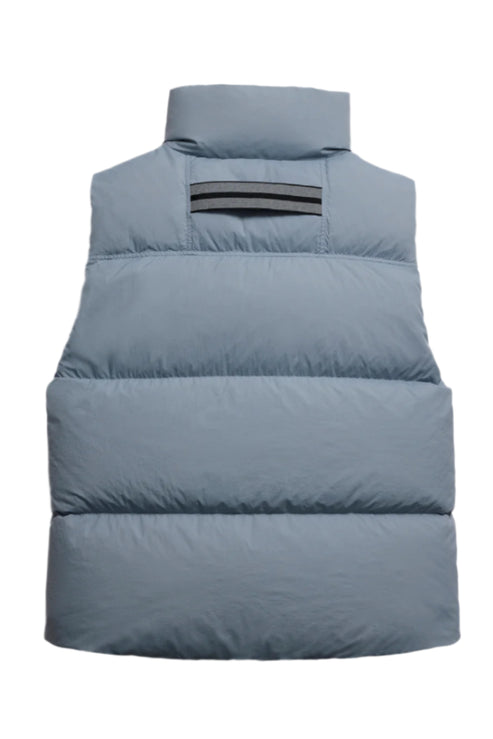 light blue padded vest with a high collar