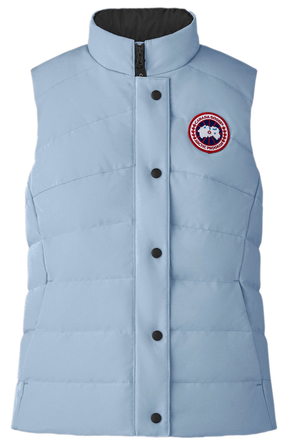 Light blue, button-down quilted vest with circular logo.