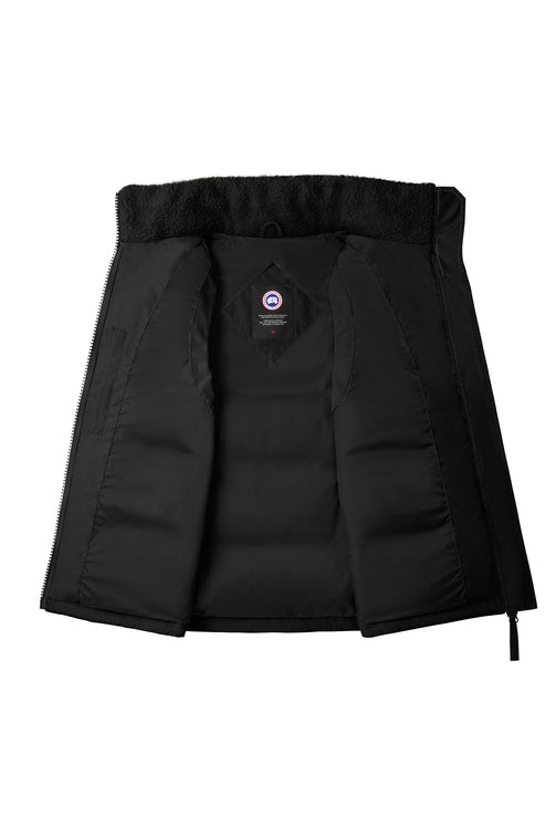 Black down vest with logo on the chest, fully open with visible inside lining.