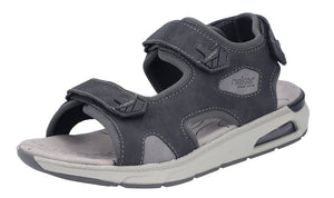 A gray sandal with velcro straps and the text "rieker since 1874" visible on the side.