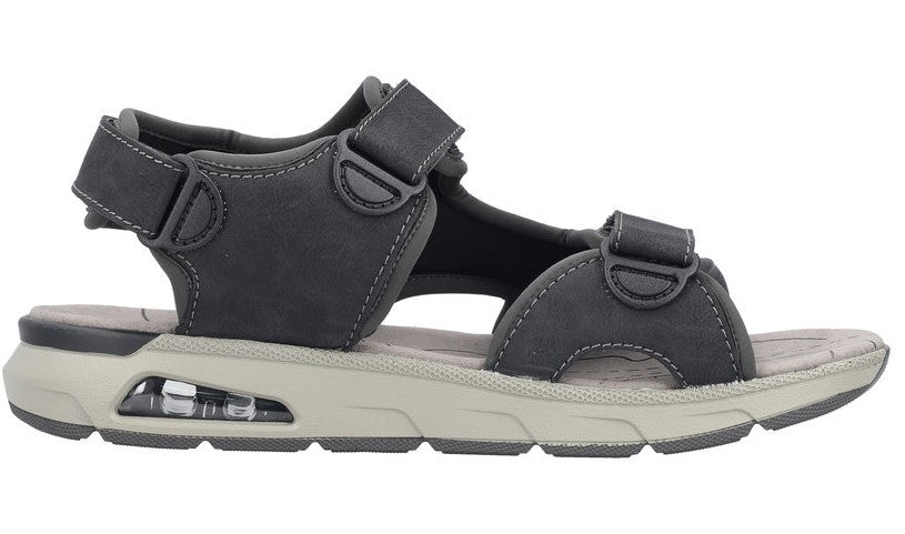 A gray sandal with velcro straps and air cushion.