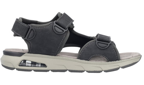 A gray sandal with velcro straps and air cushion.