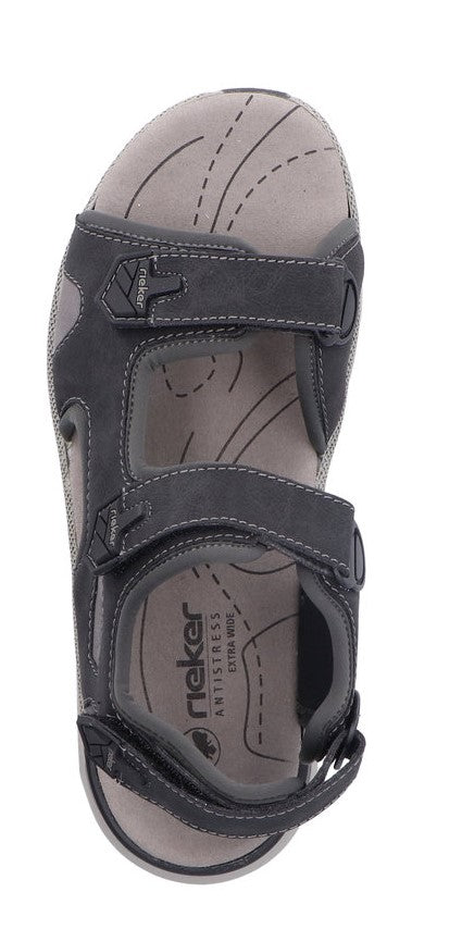 A sandal with three straps, one across the toes, one across the arch of the foot, and one around the ankle.