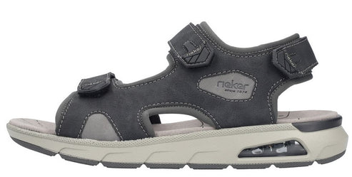 Gray sandal with hook-and-loop straps and a visible air bubble sole.