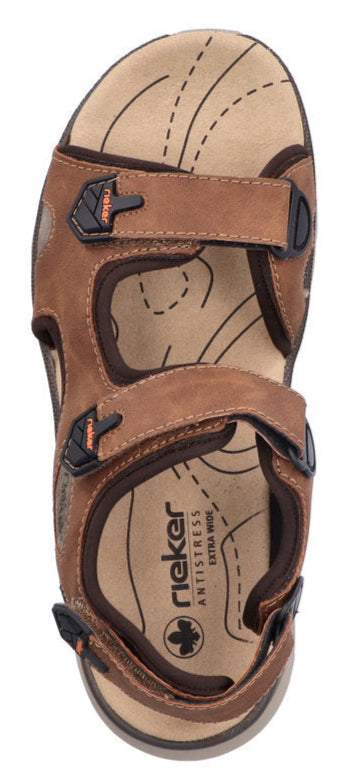 A brown sandal featuring adjustable straps with black and orange fasteners.