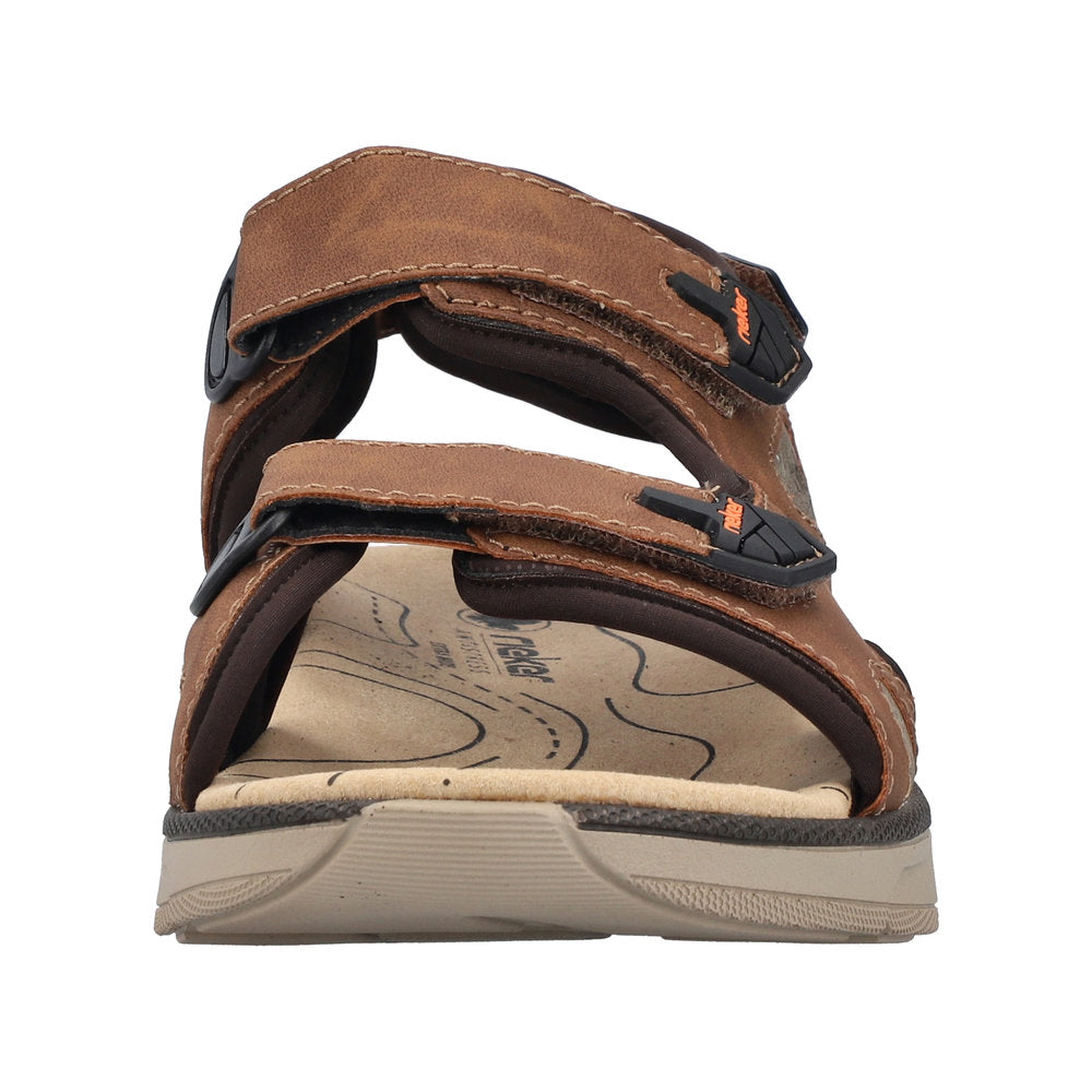 A brown sandal with two hook-and-loop straps.
