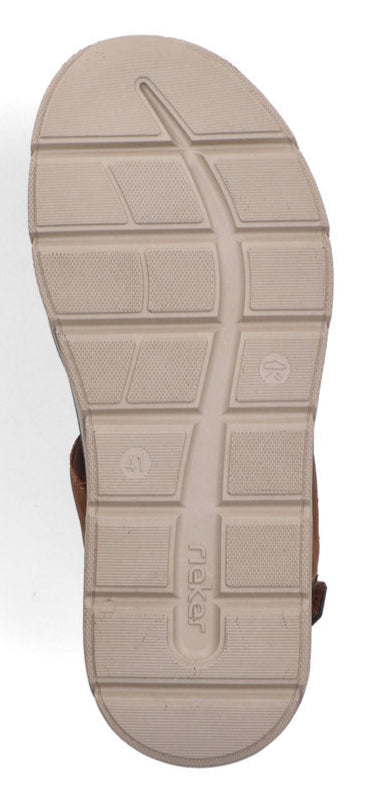 Beige shoe sole with tread pattern and text.