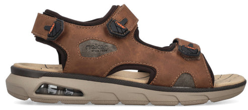 A brown sandal with adjustable straps.