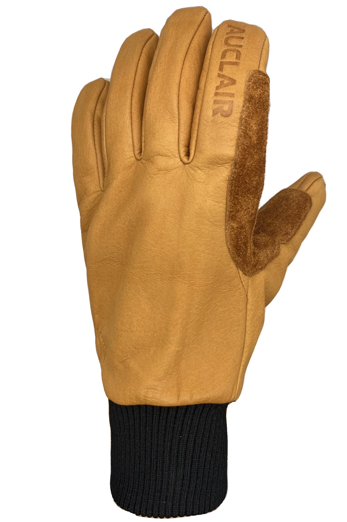 Tan leather glove with a black knitted cuff and suede thumb patch, with "AUCLAIR" lettering running down the side.