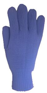 Close up of a blue knit glove.
