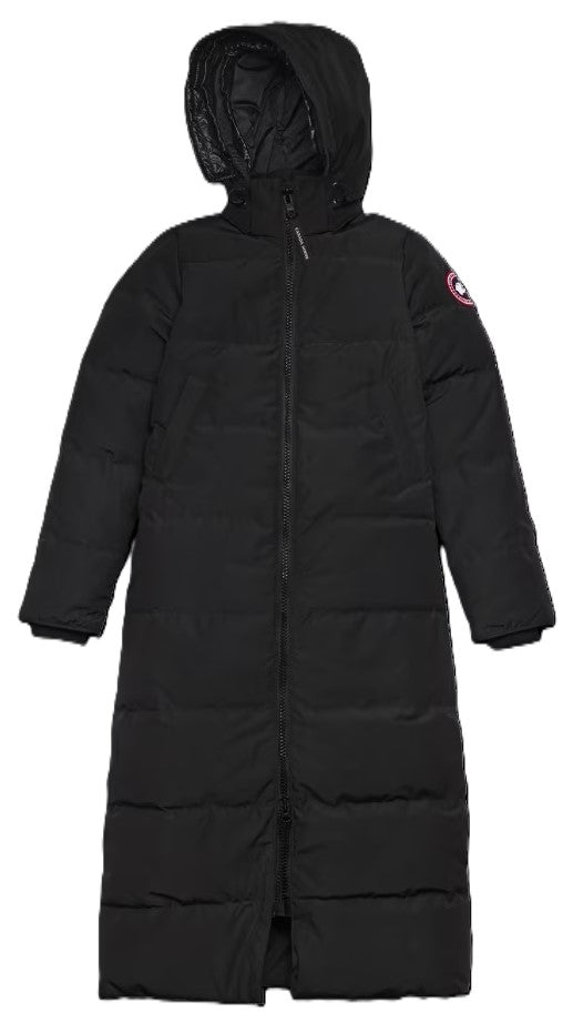 A long, black, down-insulated puffer coat for women, featuring a hooded, full-zip design with a circular logo patch on the left upper sleeve.