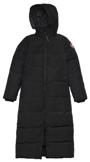 A long, black, down-insulated puffer coat for women, featuring a hooded, full-zip design with a circular logo patch on the left upper sleeve.
