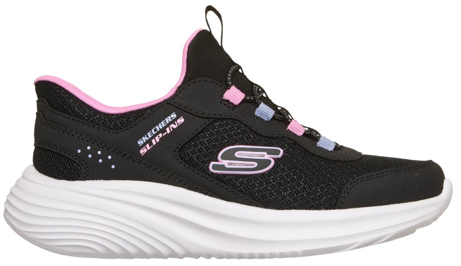 Black slip-on shoe with white sole and pink trim, featuring the text "SKECHERS SLIP-INS" on the side.