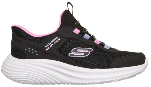 Black slip-on shoe with white sole and pink trim, featuring the text "SKECHERS SLIP-INS" on the side.