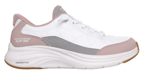 White sneaker with a gray stripe and pink accents and a white platform sole and brown bottom. The words "SKECHERS SLIP-INS" and "CONTOUR FOAM" are visible.