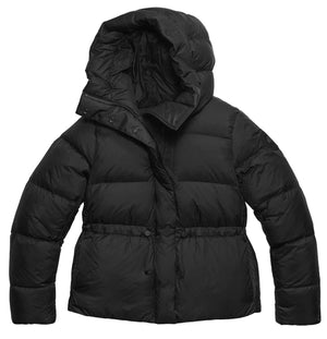 A black hooded puffer jacket with long sleeves, a front zipper closure with snap buttons, and a cinched waist with drawstrings.