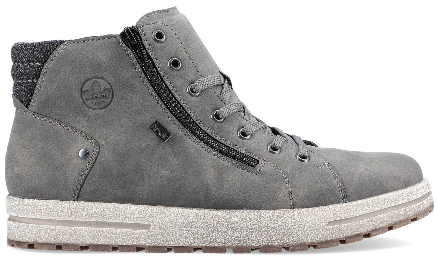 Gray high-top sneaker with laces and side zipper.