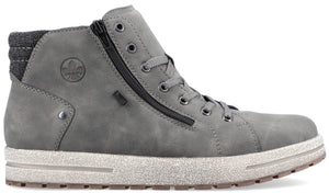 Gray high-top sneaker with laces and side zipper.