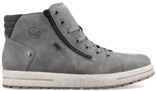 Gray high-top sneaker with laces and side zipper.