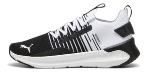 A running shoe with a black toe box, white stripes along the midfoot, and a white heel.