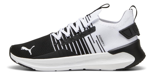 A running shoe with a black toe box, white stripes along the midfoot, and a white heel.