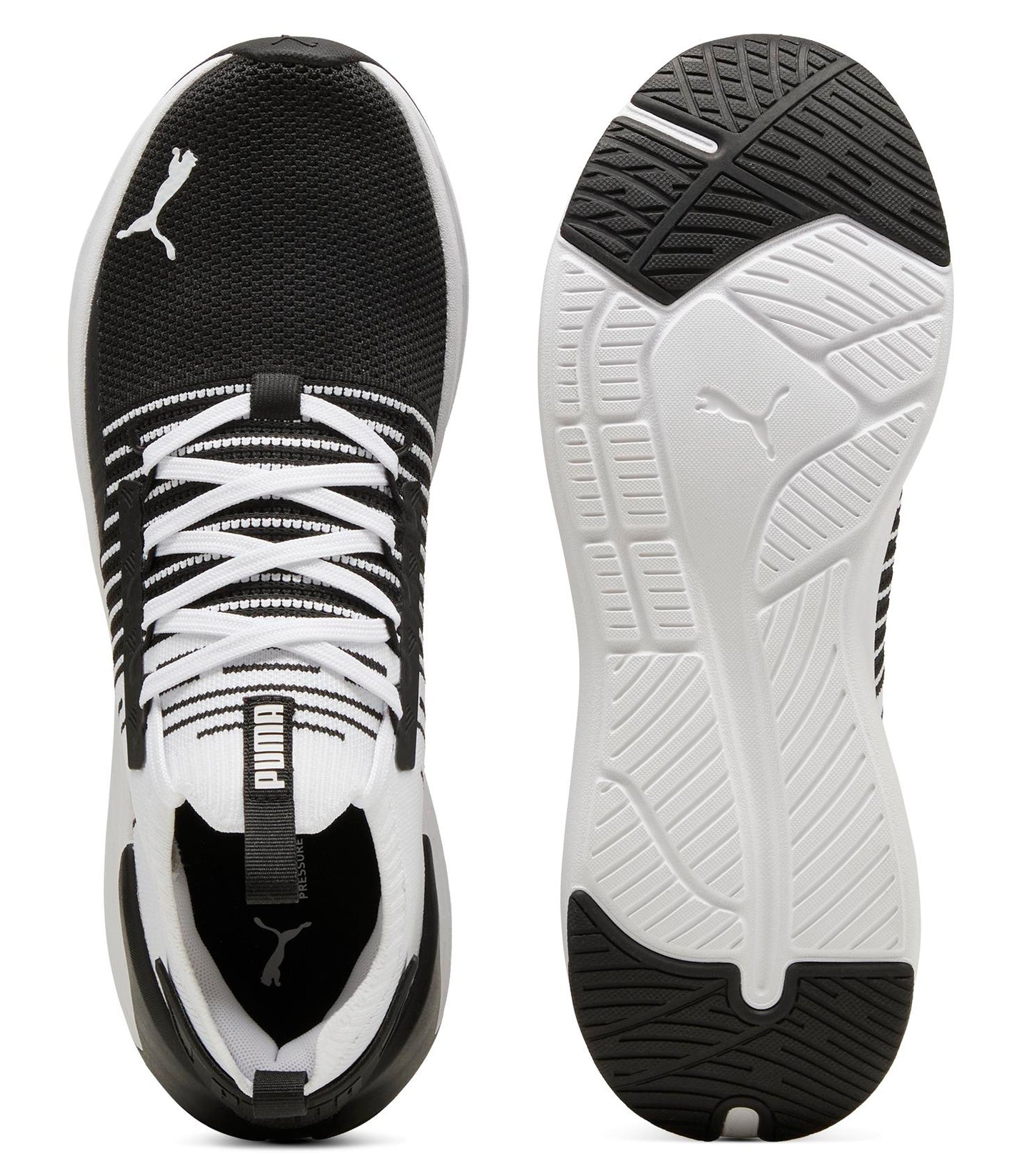 Top and sole view of a black and white athletic shoe featuring white laces and the PUMA logo.