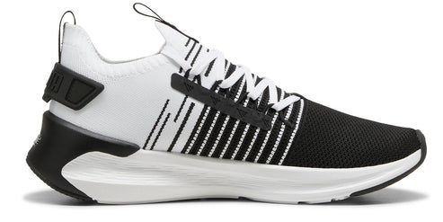 Black and white athletic shoe.