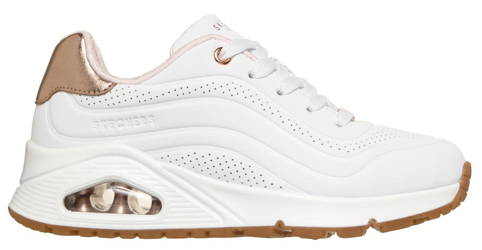 White sneaker with air cushion sole and rose gold accents.