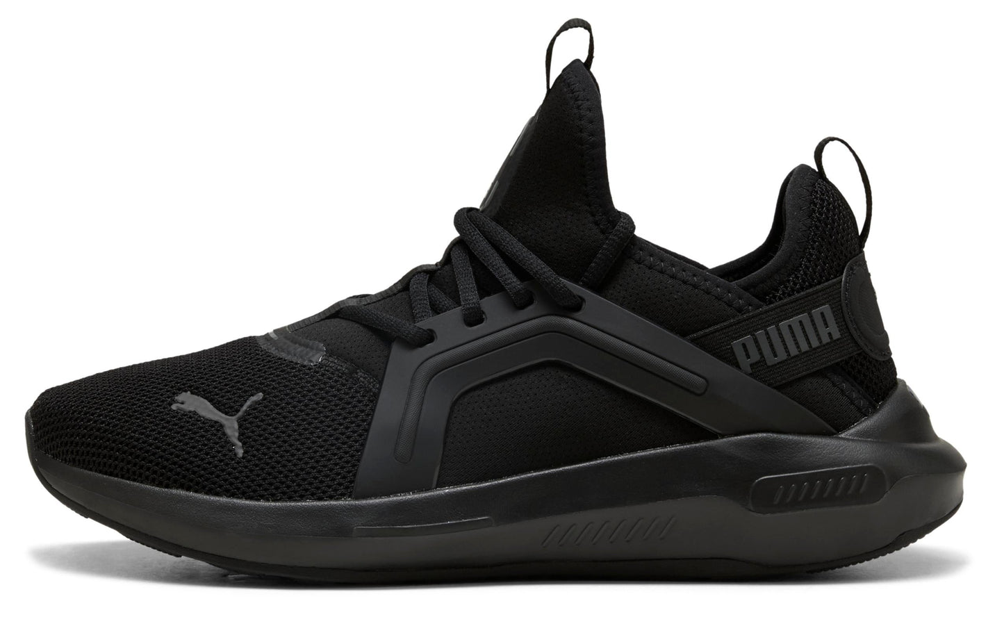 Side view of a black athletic shoe with black laces.