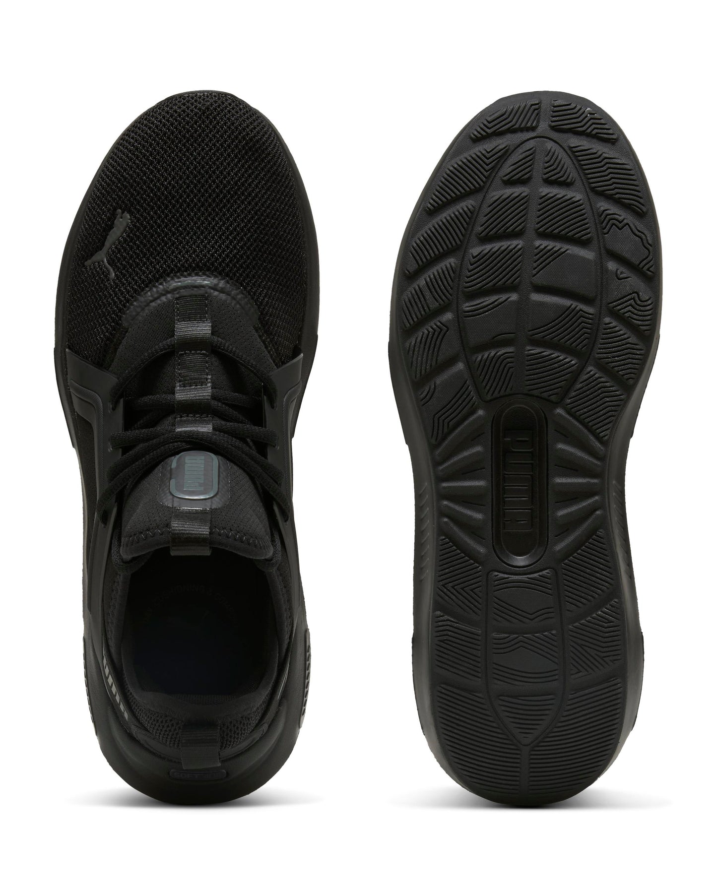 Pair of black athletic shoes, top and sole view.