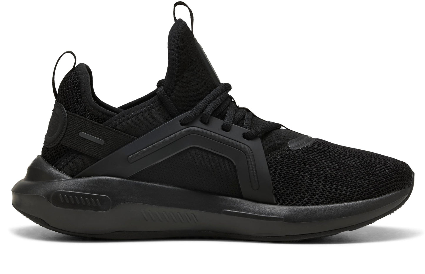 A black athletic shoe with a mesh upper, lace closure, and a thick sole.