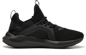 A black athletic shoe with a mesh upper, lace closure, and a thick sole.